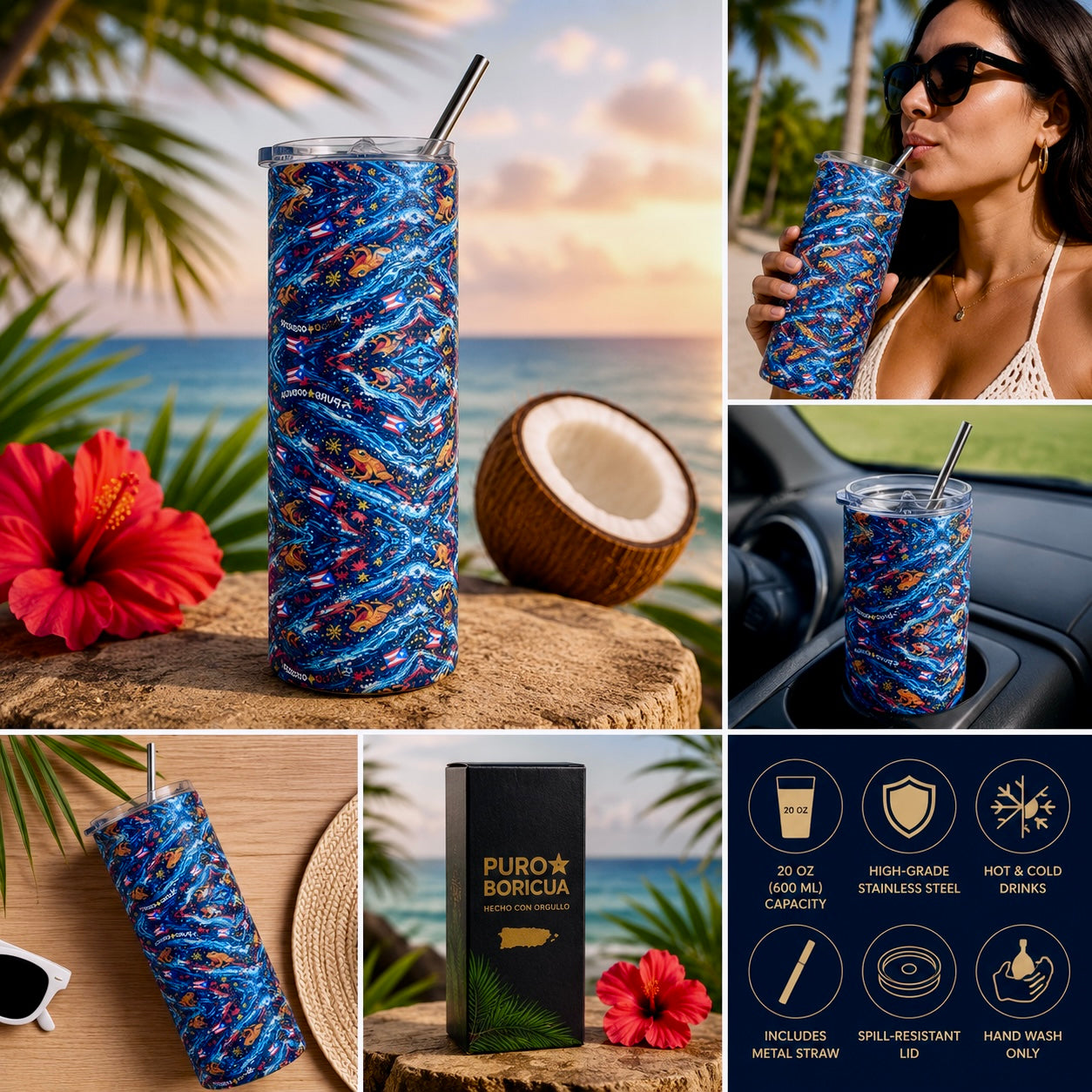 Top angled flat lay image of the Pure⭐️Rican Puro Boricua Sapo Wave 20oz stainless steel tumbler featuring Puerto Rican-inspired Sapo Concho artwork and metal straw.