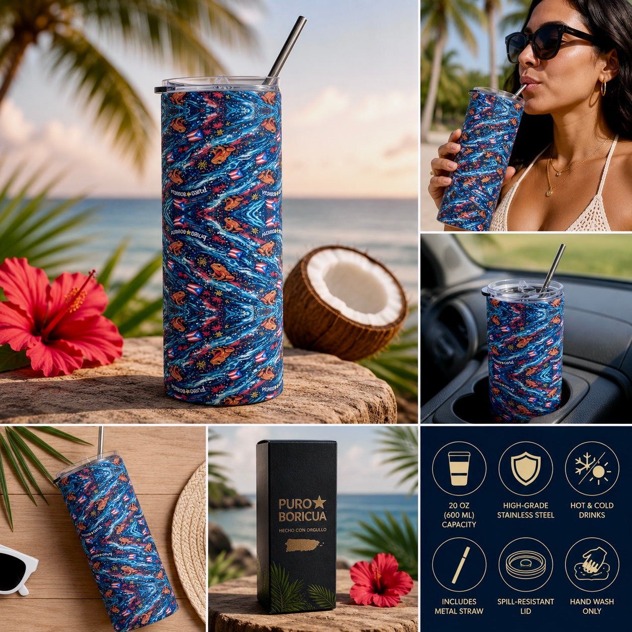 Female model drinking from the Pure⭐️Rican Puro Boricua Sapo Wave 20oz stainless steel tumbler with metal straw in a tropical outdoor setting.
