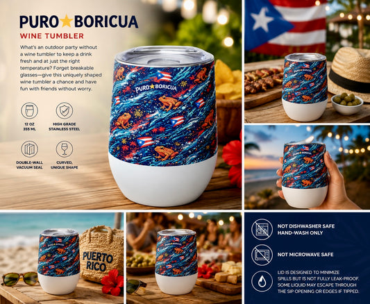 Pure⭐️Rican Puro⭐️Boricua Sapo Wave 12oz stainless steel insulated wine tumbler featuring Puerto Rican flags, tropical wave artwork, and Sapo Concho frog design in angled product view