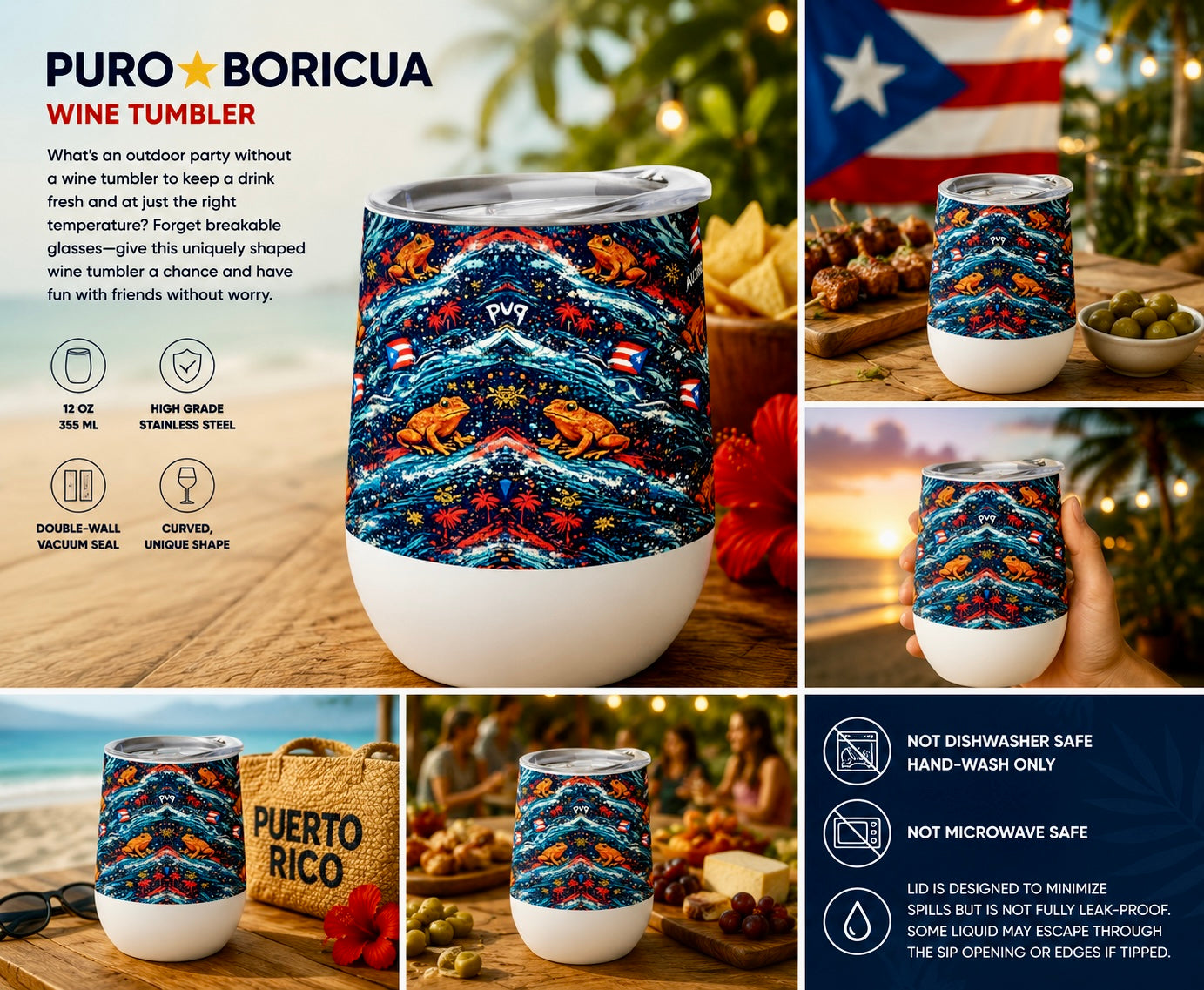 Pure⭐️Rican Puro⭐️Boricua Sapo Wave 12oz stainless steel insulated wine tumbler featuring Puerto Rican flags, tropical wave artwork, and Sapo Concho frog design in angled product view