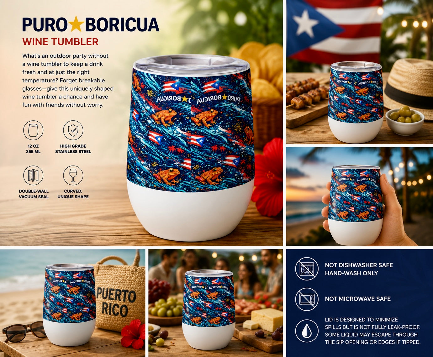 Pure⭐️Rican Puro⭐️Boricua Sapo Wave 12oz stainless steel insulated wine tumbler featuring Puerto Rican flags, tropical wave artwork, and Sapo Concho frog design in angled product view