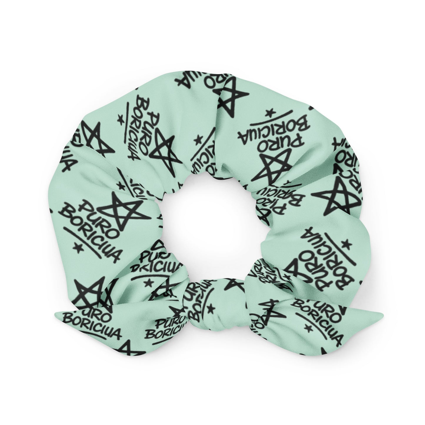 Pure⭐️Rican Puro Boricua all-over print scrunchie featuring repeating star and logo pattern