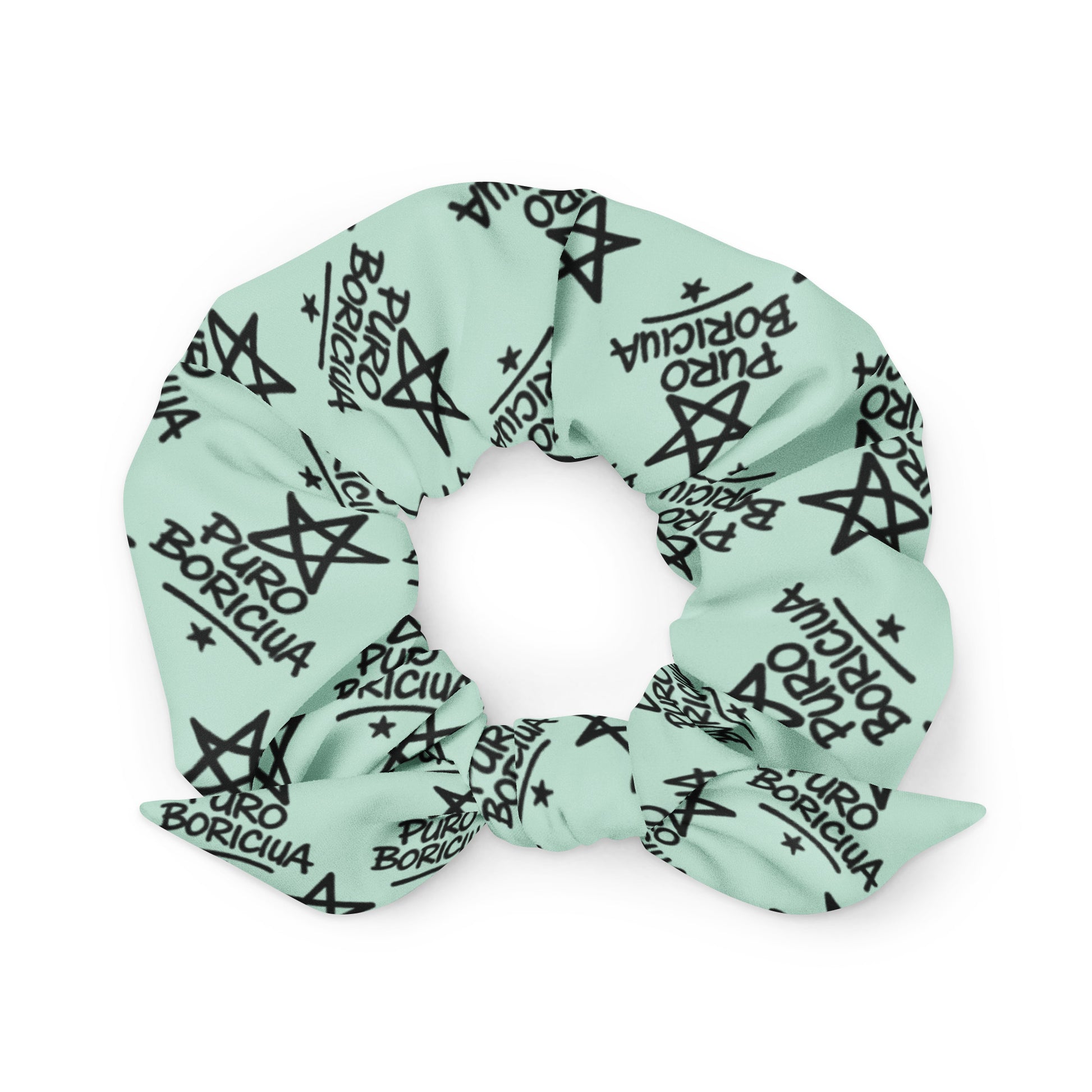 Pure⭐️Rican Puro Boricua all-over print scrunchie featuring repeating star and logo pattern