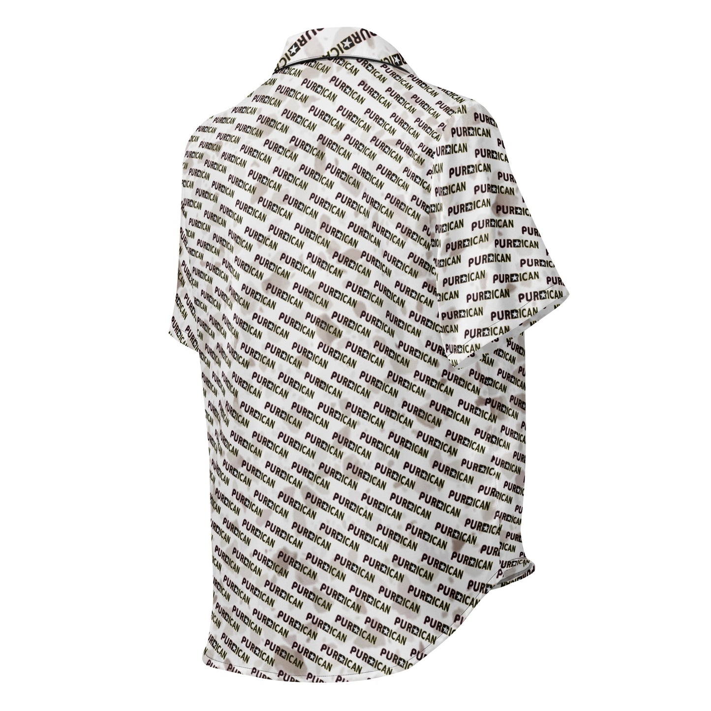 Pure⭐️Rican Puro Boricua cream all-over print short sleeve button-up shirt featuring repeating cultural text pattern and classic collar design