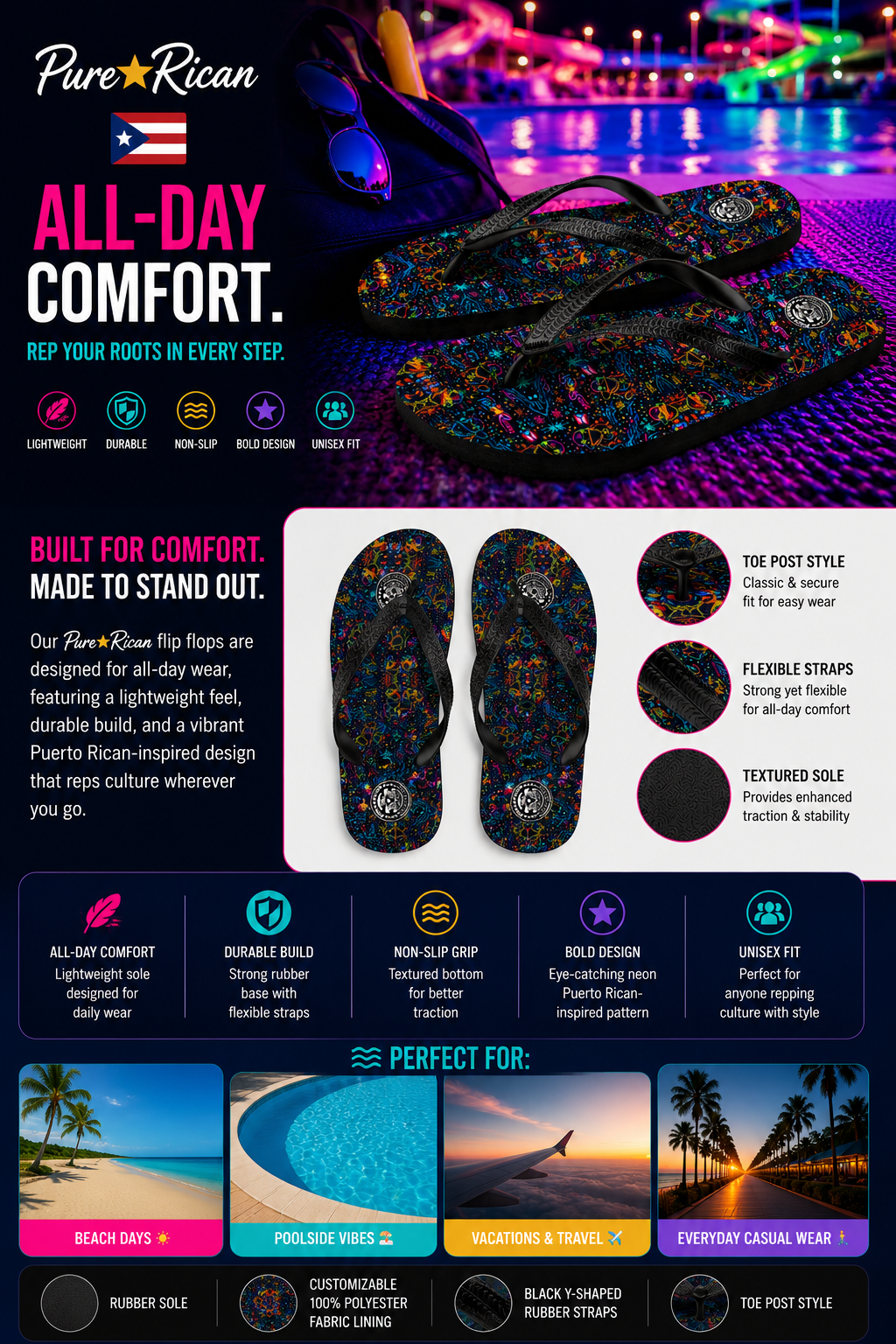 Angled lifestyle display of Pure⭐️Rican Sapo Concho Galaxy Night sandals with bold coquí-inspired artwork, lightweight sole, and flexible straps.