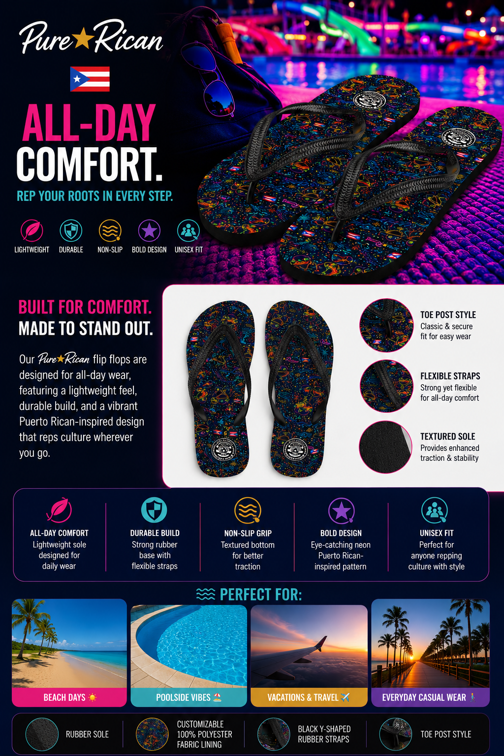 Front standing view of Pure⭐️Rican Sapo Concho Galaxy Night sandals with vibrant coquí-inspired Puerto Rican pattern and black Y-shaped straps.