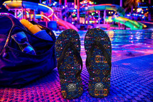 Pure⭐️Rican Sapo Concho Galaxy Night sandals displayed poolside with neon tropical lighting, featuring Puerto Rican-inspired coquí pattern and all-day comfort design.