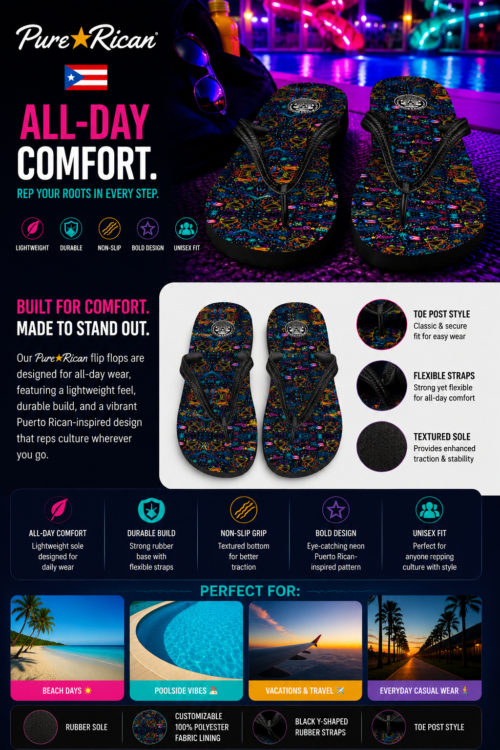 Pure⭐️Rican Sapo Concho Galaxy Night sandals showcased poolside with summer accessories, featuring vibrant Puerto Rican coquí-inspired galaxy pattern.