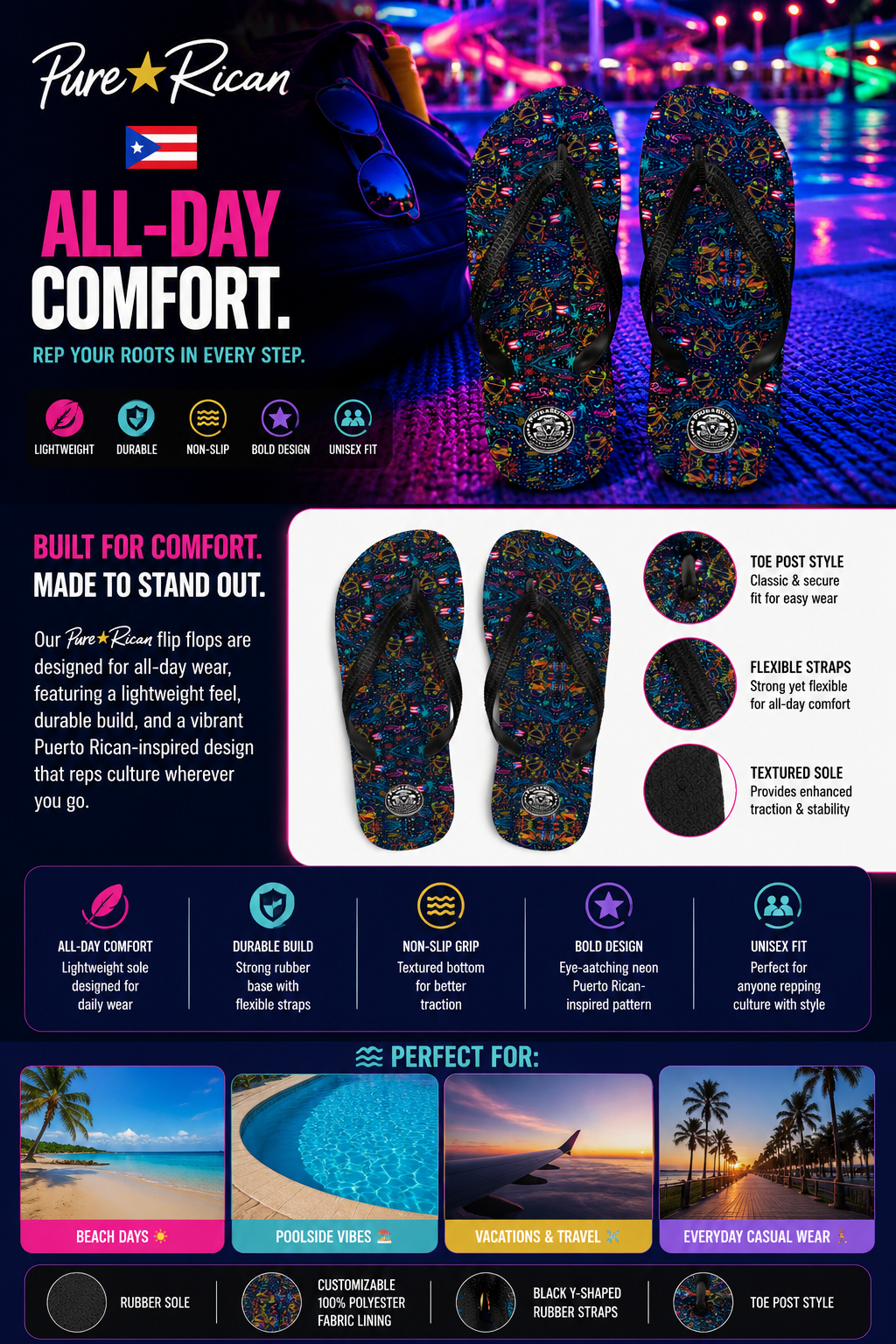 Pure⭐️Rican Sapo Concho Galaxy Night flip flops featuring neon Puerto Rican-inspired pattern, durable rubber sole, flexible straps, and textured grip for beach and casual wear.