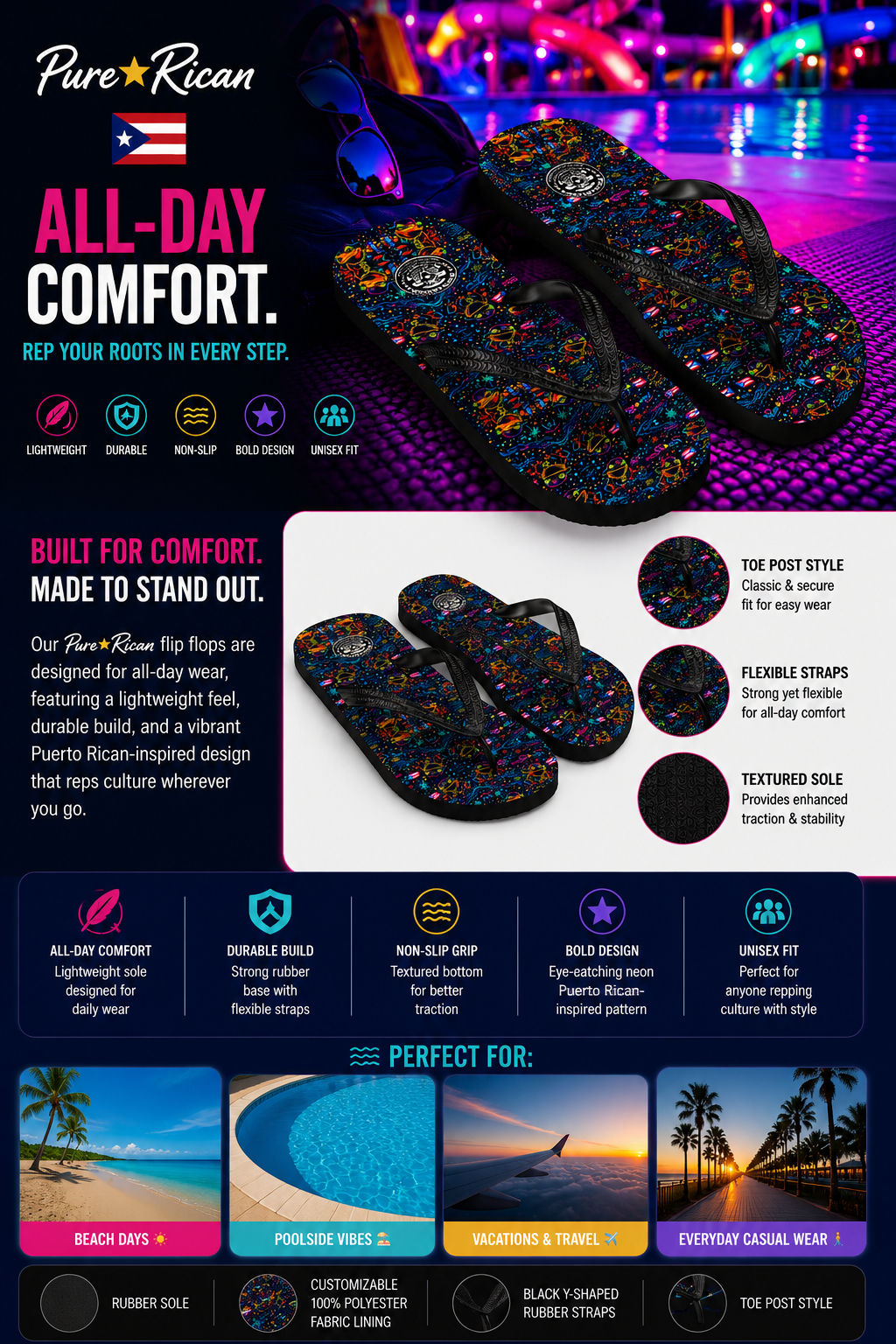 Pure⭐️Rican Sapo Concho Galaxy Night sandals in tropical flat lay scene with sunglasses and straw hat, showcasing Puerto Rican-inspired neon summer design.