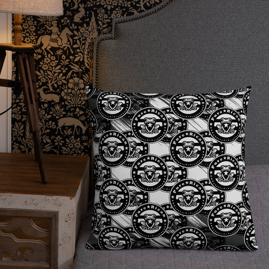Pure⭐️Rican Sapo Concho black and white throw pillow featuring an all-over signature logo pattern