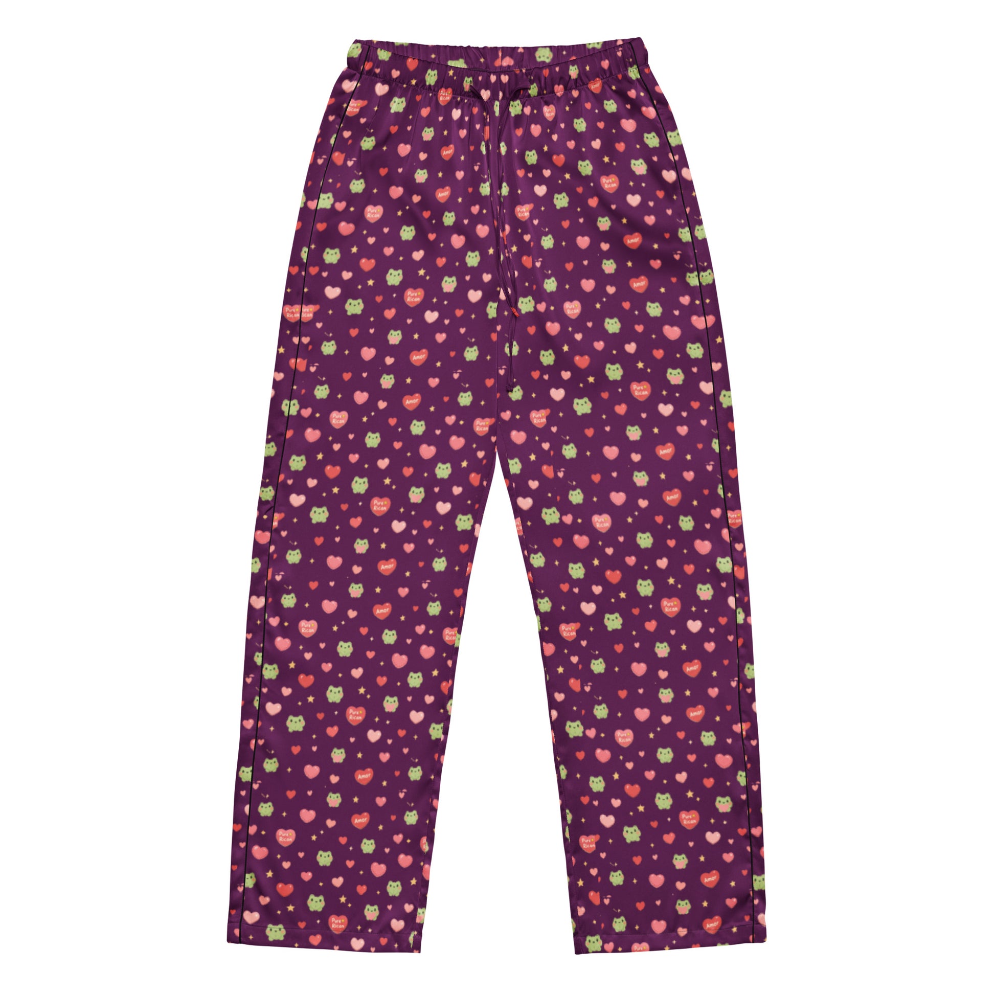 Pure⭐️Rican Sapo Concho heart print pajama pants front view featuring all-over frog and heart pattern with elastic waistband