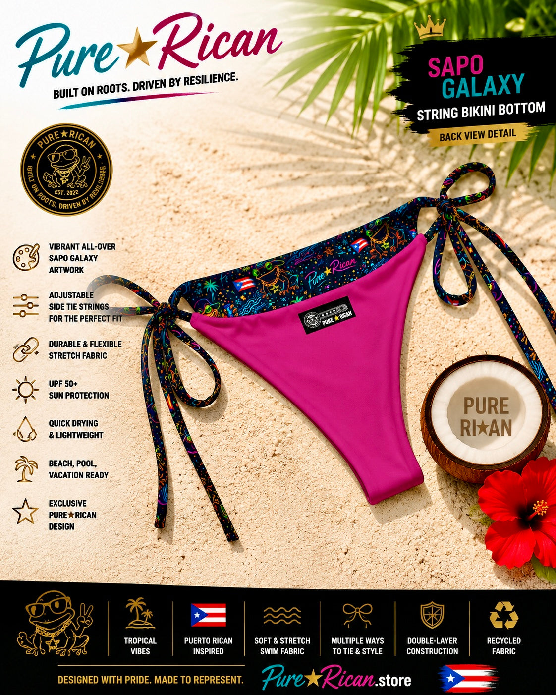 Back detail view of the Pure⭐️Rican Sapo Galaxy Bikini Bottom featuring pink lining, side-tie adjustable straps, vibrant Sapo Galaxy tropical artwork, and Puerto Rican-inspired swimwear styling.