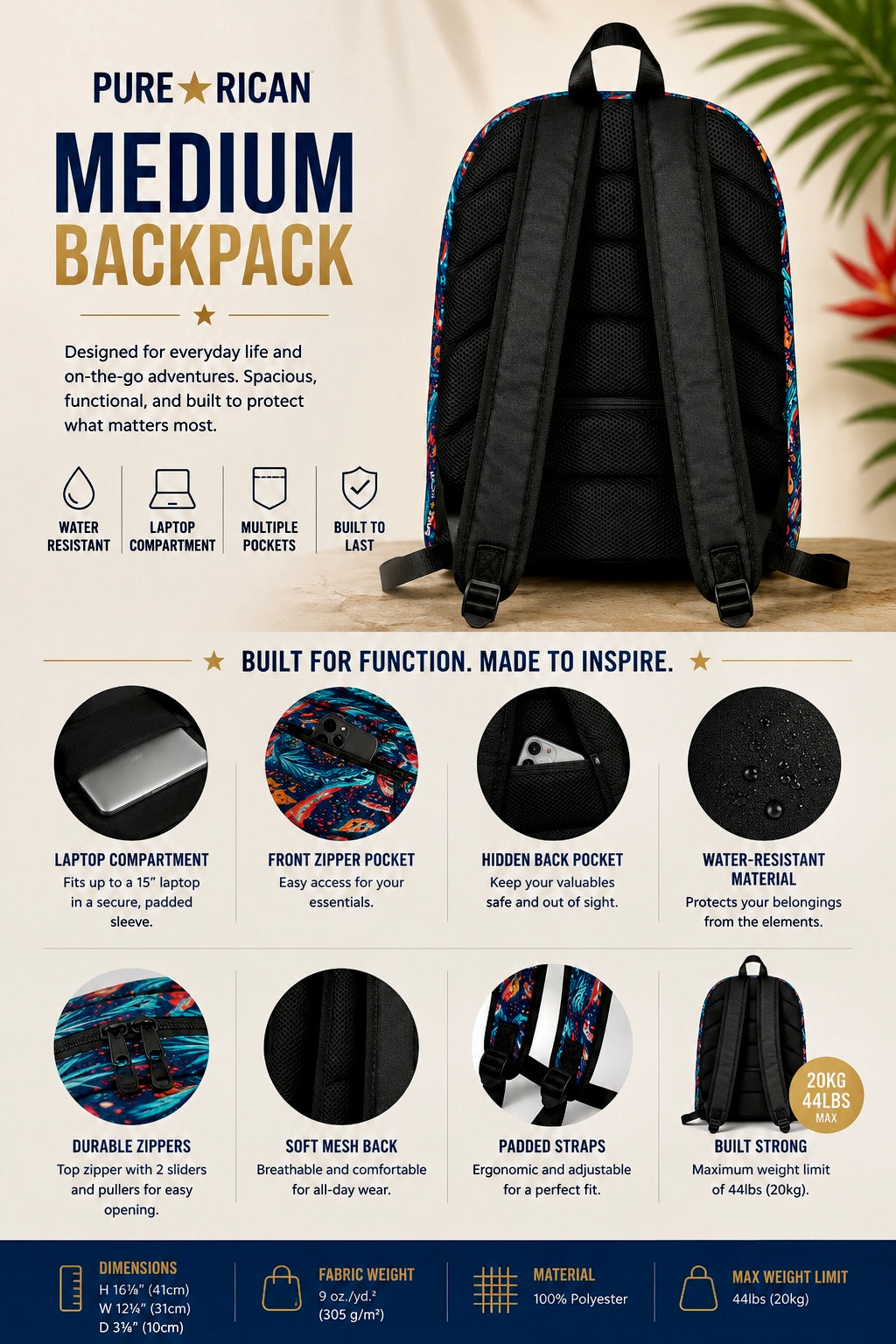 Back view of the Pure⭐️Rican Sapo Galaxy Midnight backpack featuring breathable mesh padding and ergonomic adjustable straps.