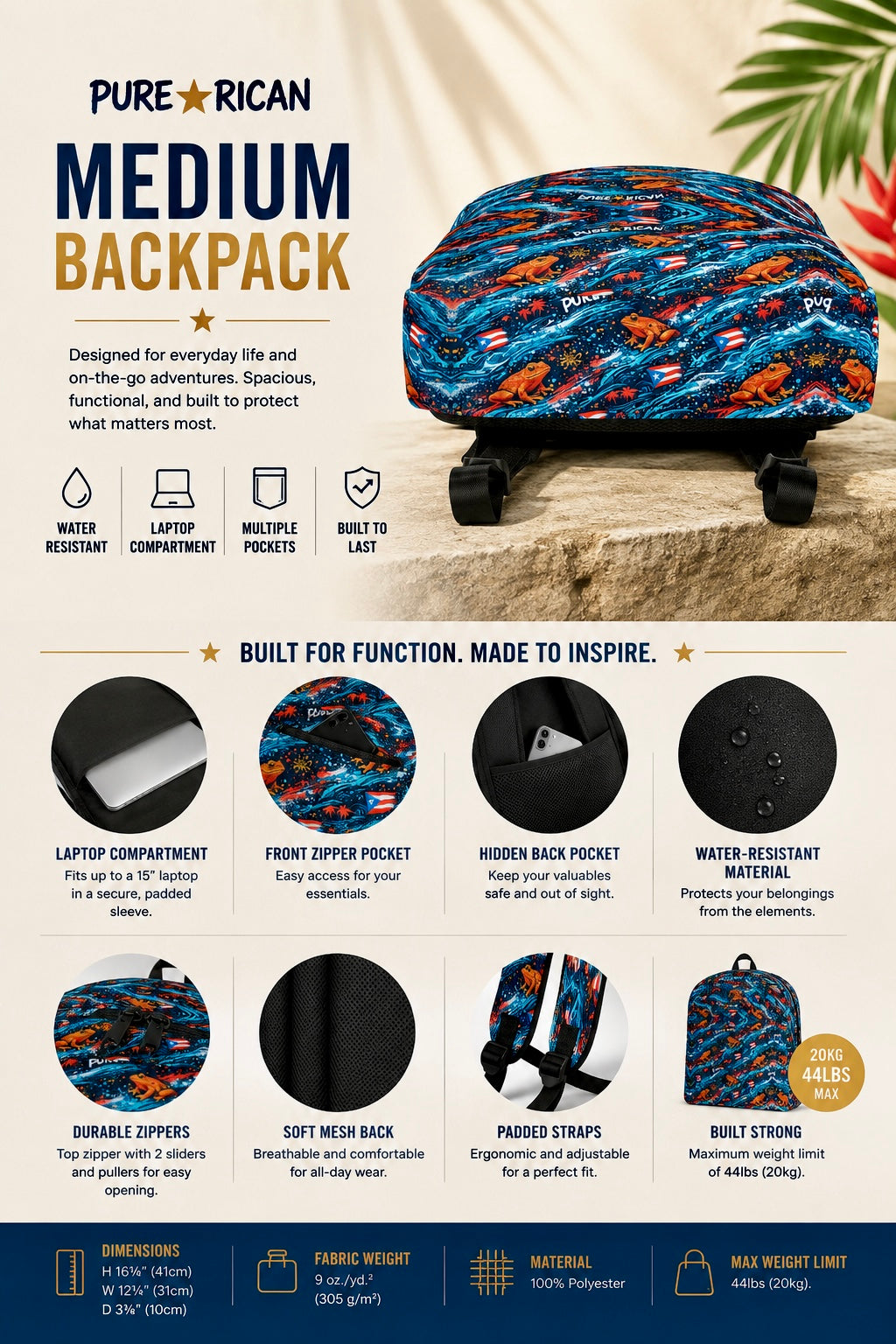 Bottom view of the Pure⭐️Rican Sapo Galaxy Midnight backpack highlighting the detailed all-over Puerto Rican tropical pattern and durable construction.