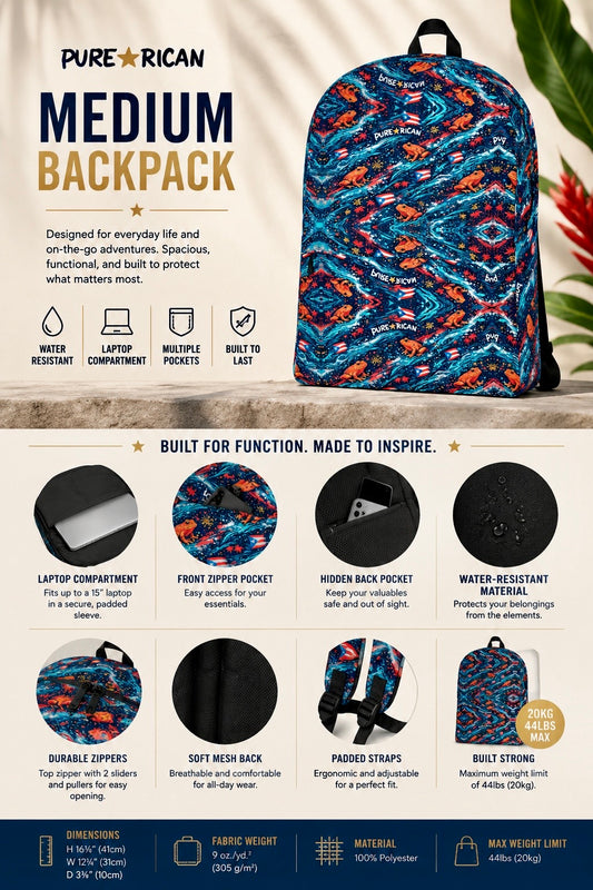 Front view of the Pure⭐️Rican Sapo Galaxy Midnight medium backpack featuring an all-over Puerto Rican tropical frog pattern with Puerto Rican flags and premium everyday carry design.