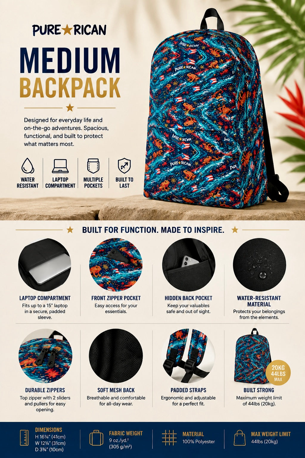Right angle side view of the Pure⭐️Rican Sapo Galaxy Midnight backpack showcasing the premium all-over Puerto Rican inspired pattern and structured design.