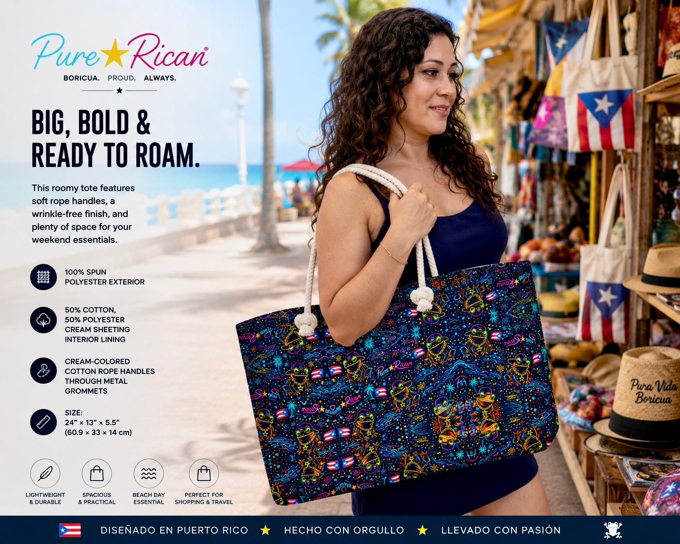 Lifestyle image of model carrying the Pure⭐️Rican Sapo Galaxy Midnight oversized tote bag while shopping near a tropical beach market.