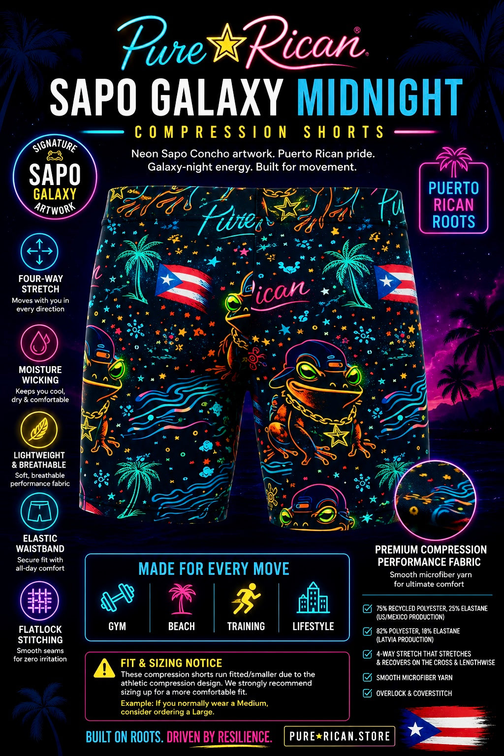 Front view of Pure⭐️Rican Sapo Galaxy Midnight Compression Shorts featuring neon Sapo Concho artwork, Puerto Rican flag details, galaxy-night tropical graphics, four-way stretch fabric, moisture-wicking performance, and athletic compression fit.