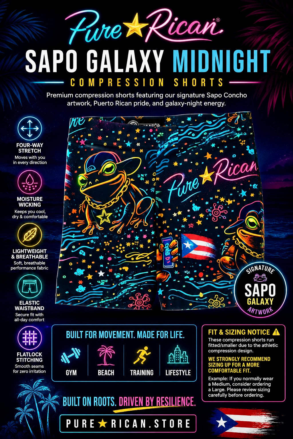 Woman wearing Pure⭐️Rican Sapo Galaxy Midnight Compression Shorts on beach with premium performance feature graphics showing four-way stretch, moisture-wicking fabric, elastic waistband, breathable athletic fit, and Puerto Rican neon-inspired artwork.
