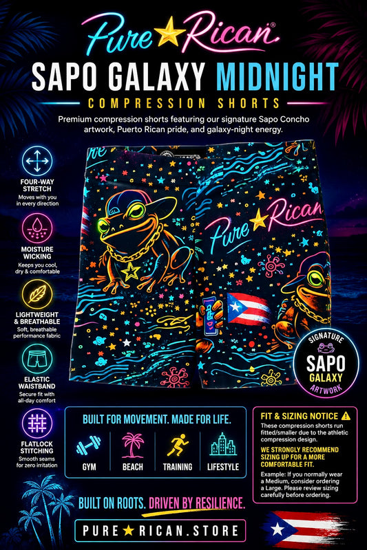 Woman wearing Pure⭐️Rican Sapo Galaxy Midnight Compression Shorts on beach with premium performance feature graphics showing four-way stretch, moisture-wicking fabric, elastic waistband, breathable athletic fit, and Puerto Rican neon-inspired artwork.