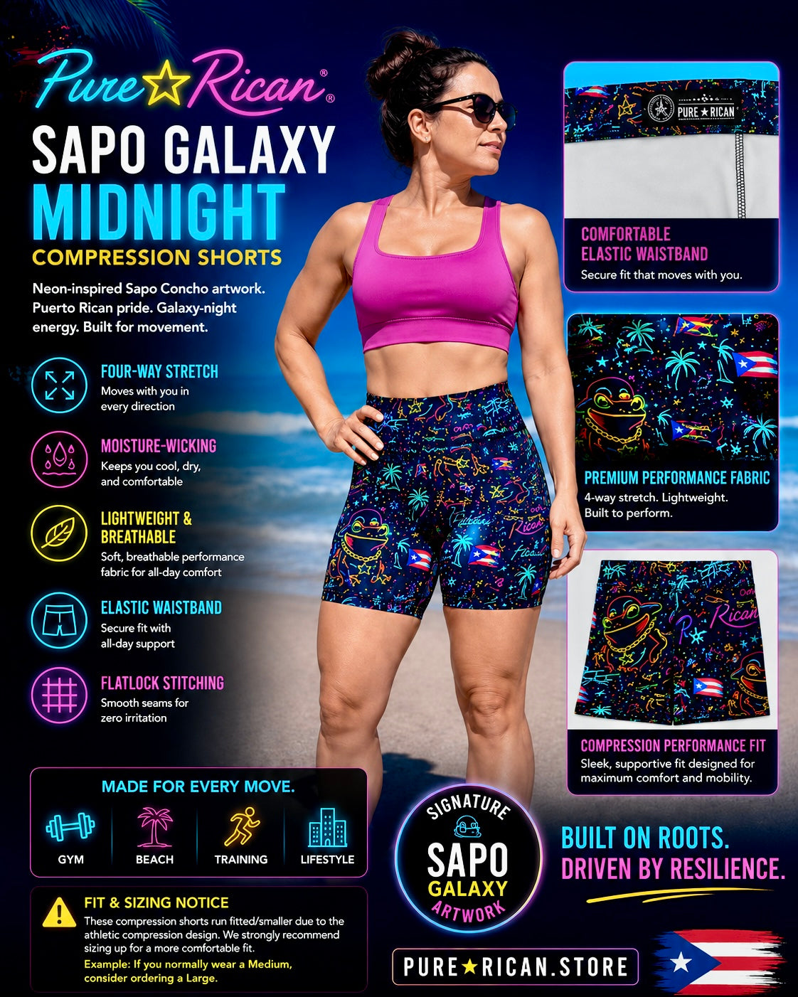 Female model wearing Pure⭐️Rican Sapo Galaxy Midnight Compression Shorts with matching pink athletic top on the beach, showcasing Puerto Rican-inspired neon tropical graphics, compression fit, and active lifestyle performance wear.