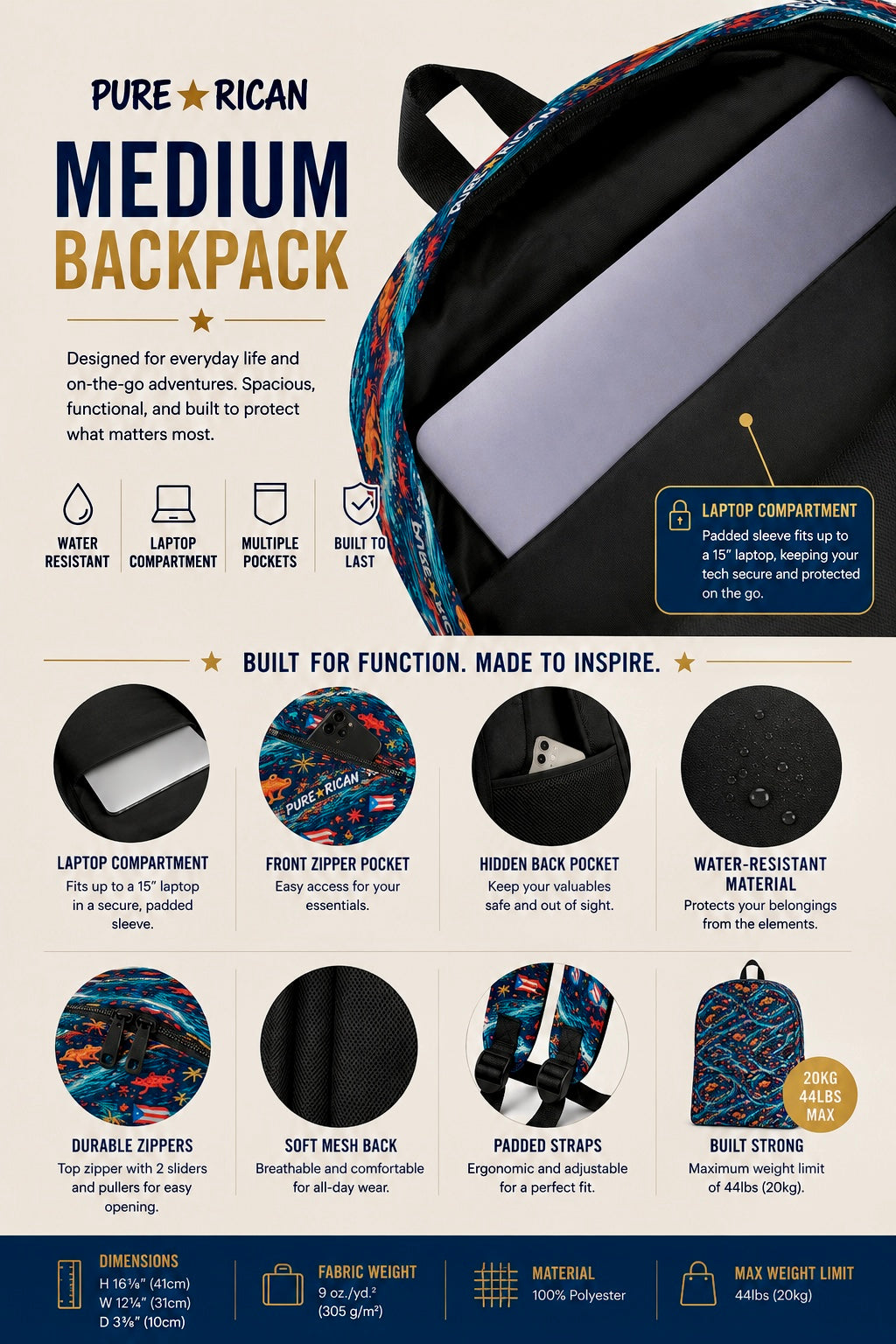 Interior laptop compartment of the Pure⭐️Rican Sapo Galaxy Midnight backpack showing the padded 15-inch laptop sleeve for secure everyday storage.