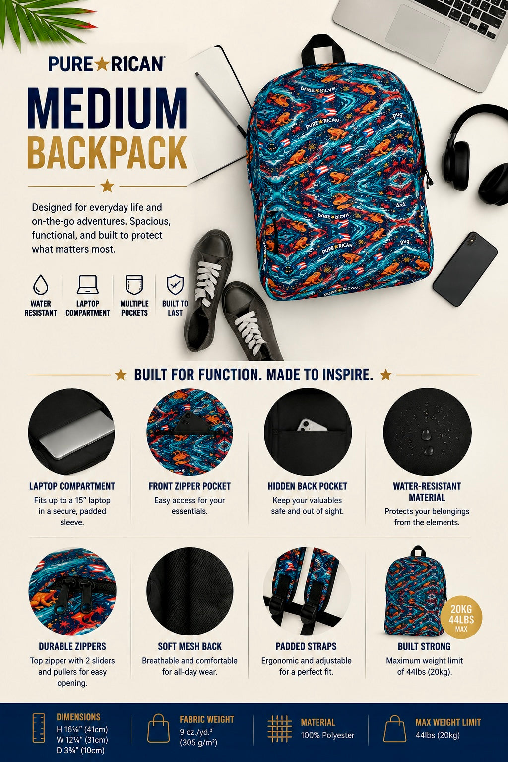 Lifestyle flat lay image of the Pure⭐️Rican Sapo Galaxy Midnight backpack styled with everyday essentials including headphones, laptop, notebook, phone, and sneakers.
