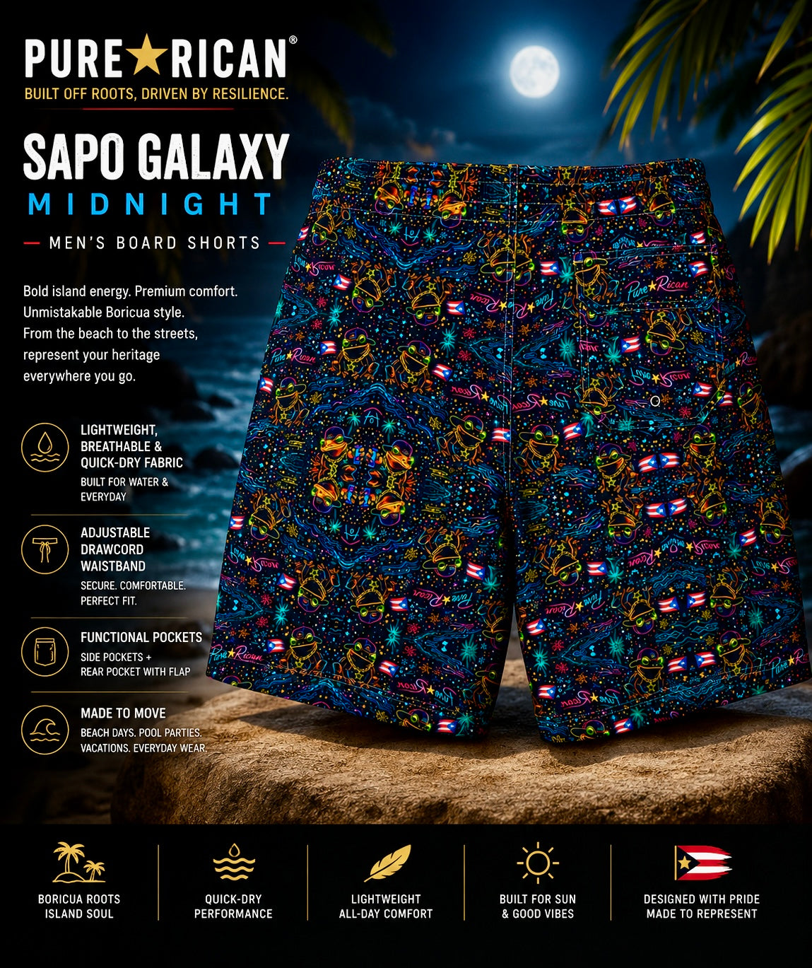 Back view of Pure⭐️Rican Sapo Galaxy Midnight Men’s Board Shorts featuring rear pocket flap, Puerto Rican-inspired neon artwork, and premium tropical beach product display.