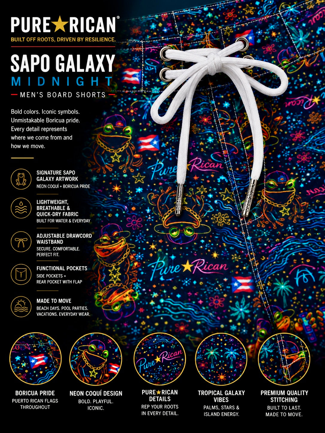 Close-up detail of Pure⭐️Rican Sapo Galaxy Midnight Men’s Board Shorts showing adjustable drawstring waistband, neon Sapo Concho graphics, Puerto Rican flags, premium stitching, and detailed fabric artwork.