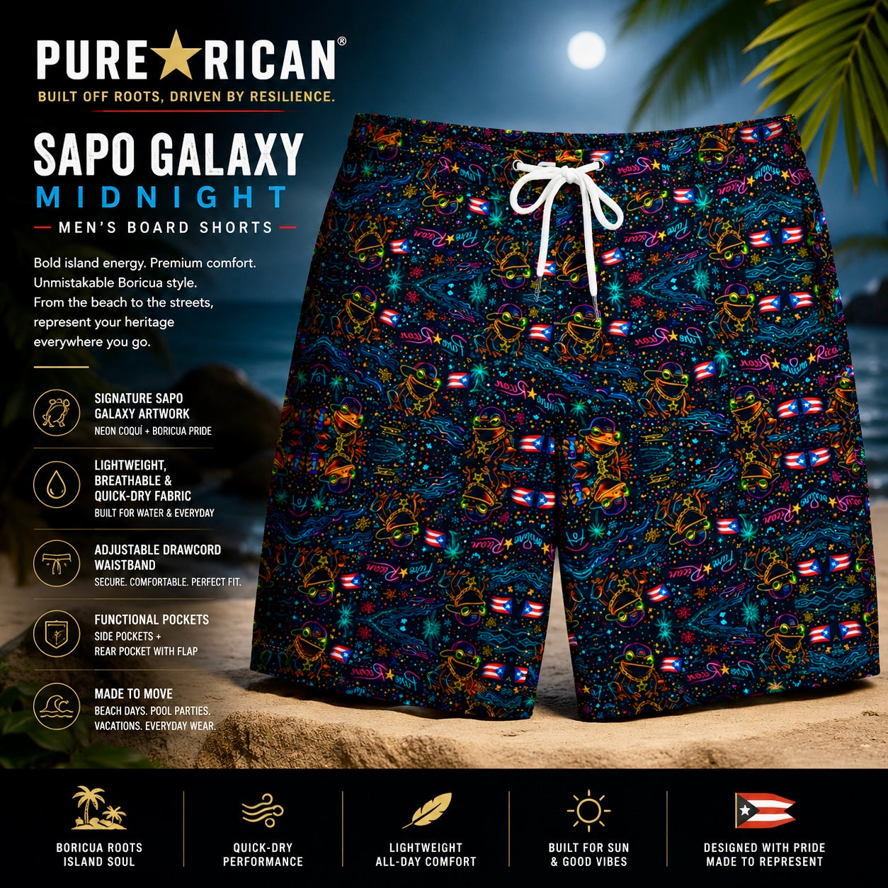 Pure⭐️Rican Sapo Galaxy Midnight Men’s Board Shorts front view featuring neon Sapo Concho artwork, Puerto Rican flags, tropical details, and premium beach-inspired product display.