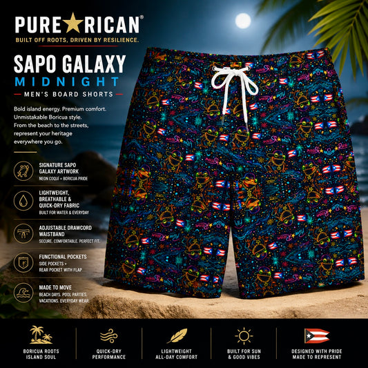 Pure⭐️Rican Sapo Galaxy Midnight Men’s Board Shorts front view featuring neon Sapo Concho artwork, Puerto Rican flags, tropical details, and premium beach-inspired product display.