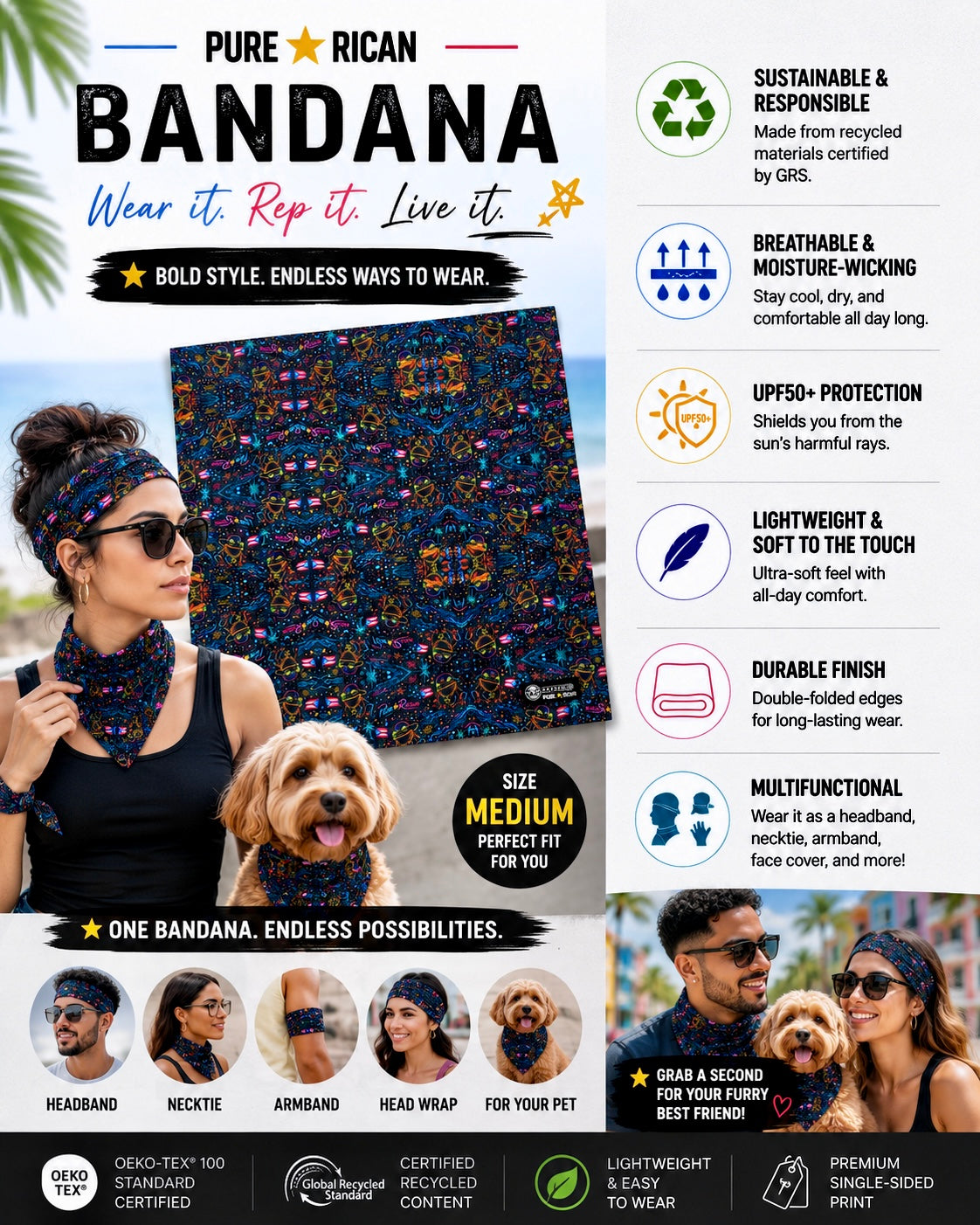 Lifestyle product image featuring the Pure⭐️Rican Sapo Galaxy Midnight multifunctional bandana in medium size, shown worn as a headband and neck wrap by a female model with a matching dog outdoors. Includes product feature highlights such as breathable moisture-wicking fabric, UPF50+ protection, lightweight comfort, multifunctional wear options, and eco-friendly recycled materials.