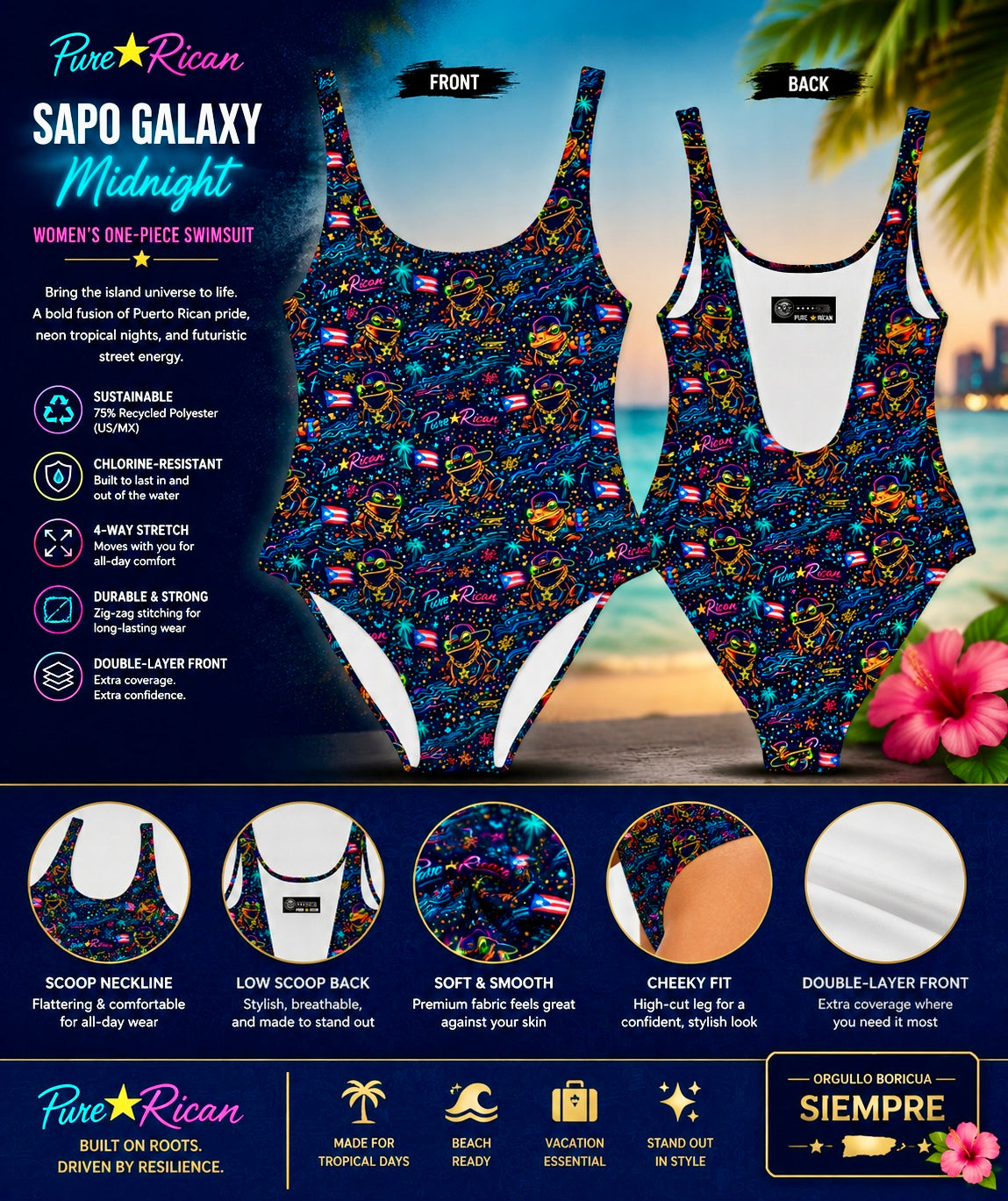 Premium complementary product image showing the Pure⭐️Rican Sapo Galaxy Midnight Women’s One-Piece Swimsuit front and back view featuring neon Sapo Concho artwork, Puerto Rican flags, tropical galaxy graphics, scoop neckline, low scoop back, chlorine-resistant fabric, and four-way stretch swimwear details.