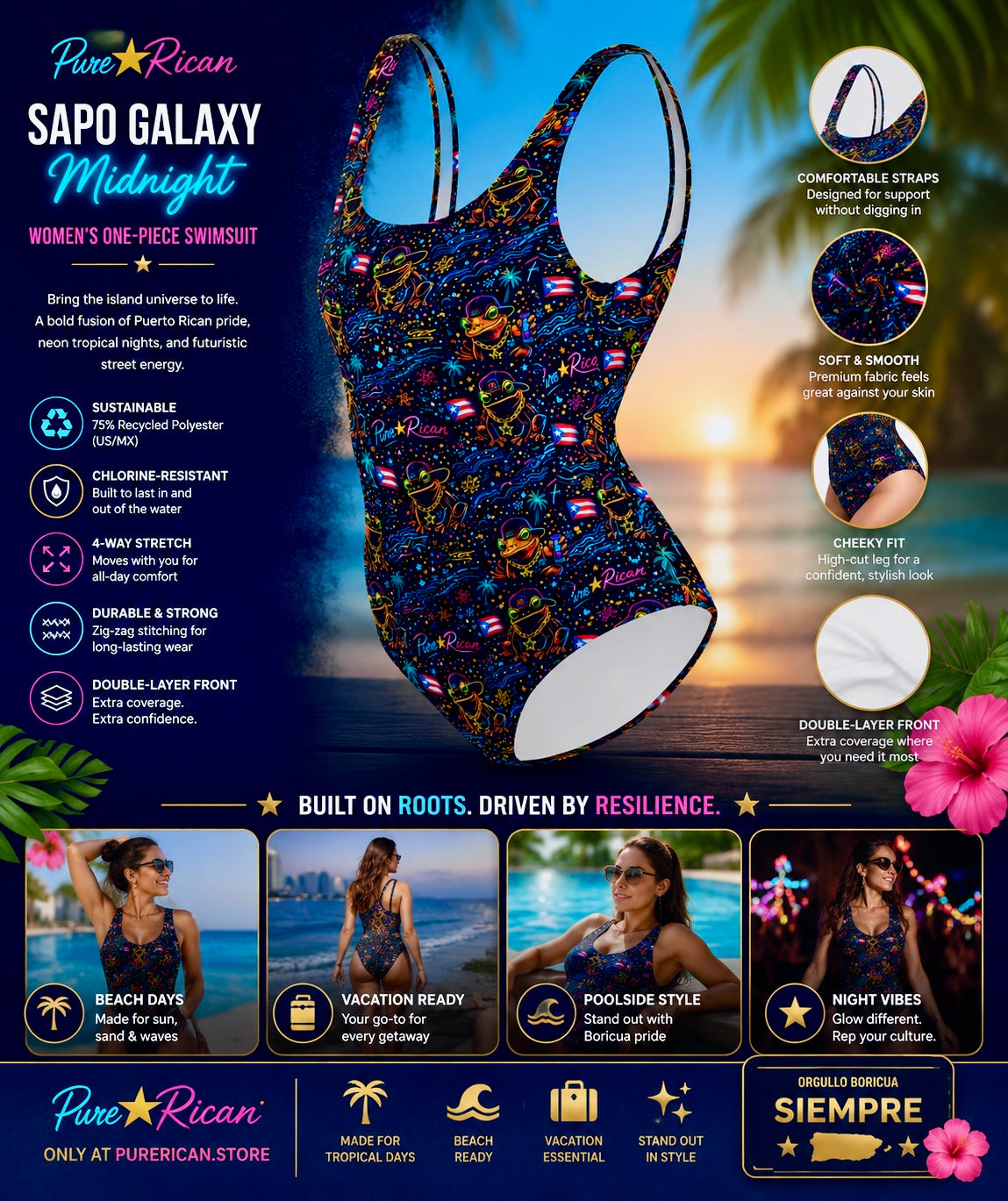 Premium complementary product image featuring the side angle view of the Pure⭐️Rican Sapo Galaxy Midnight Women’s One-Piece Swimsuit showcasing neon tropical Puerto Rican artwork, Sapo Concho frog graphics, scoop neckline, cheeky fit, four-way stretch fabric, and premium beachwear styling.