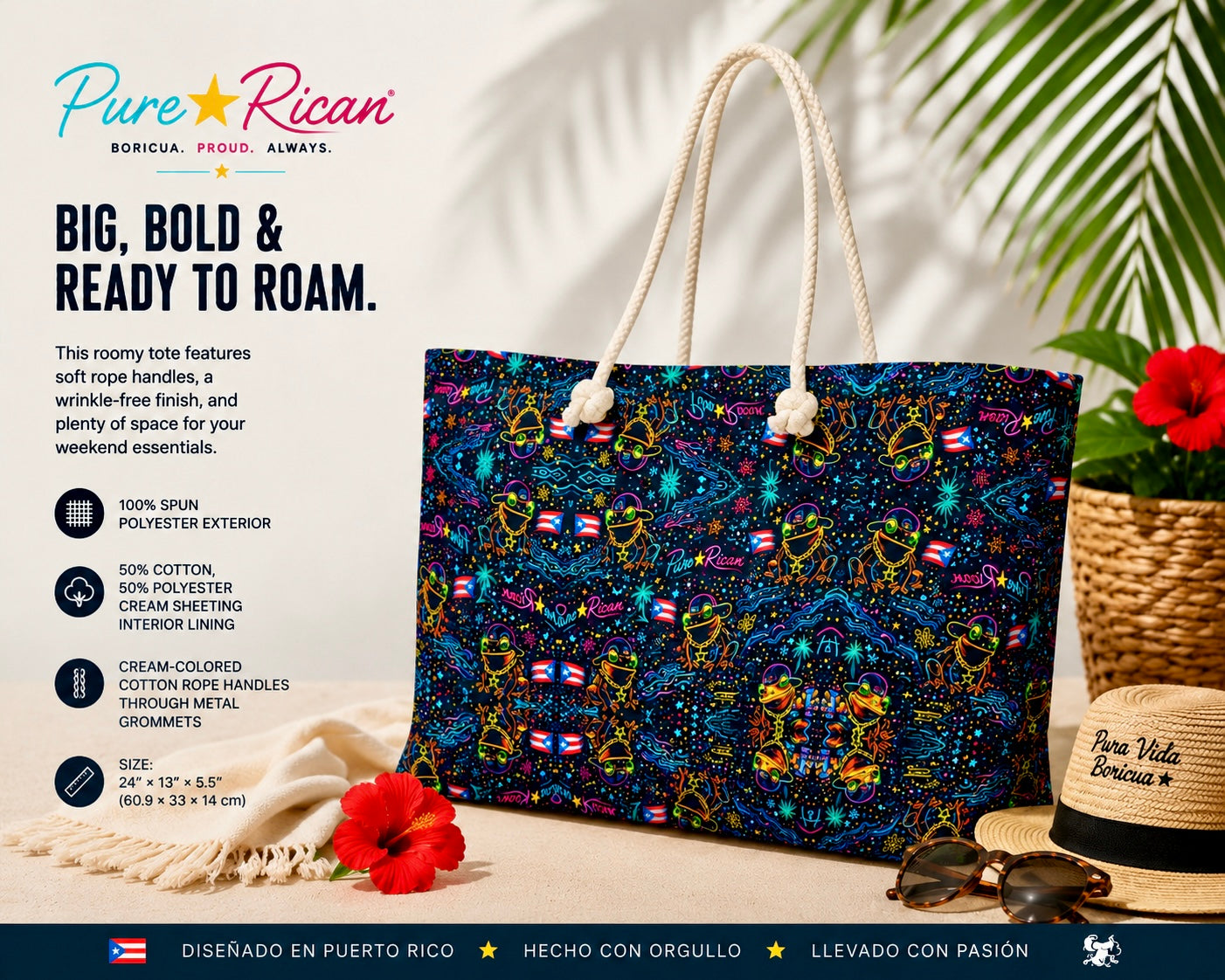 Premium complementary product image of the Pure⭐️Rican Sapo Galaxy Midnight oversized tote bag featuring rope handles, spacious interior, and travel-ready design.