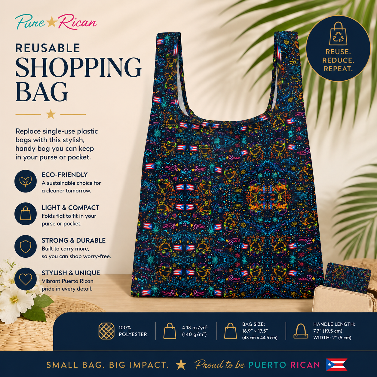 Front flat view of the Pure⭐️Rican Sapo Galaxy Midnight reusable shopping bag featuring colorful Puerto Rican inspired artwork, neon Sapo Concho pattern, and foldable lightweight design.