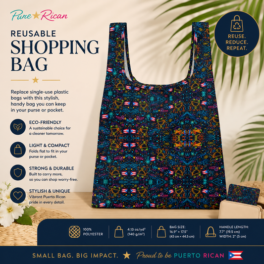 Front flat view of the Pure⭐️Rican Sapo Galaxy Midnight reusable shopping bag featuring colorful Puerto Rican inspired artwork, neon Sapo Concho pattern, and foldable lightweight design.