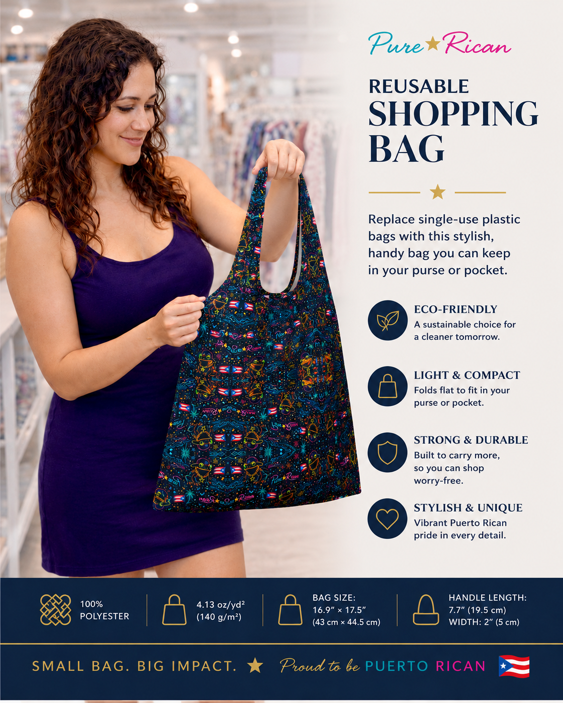 Lifestyle image of a model holding the Pure⭐️Rican Sapo Galaxy Midnight reusable shopping bag featuring colorful Puerto Rican inspired Sapo artwork and lightweight foldable construction.