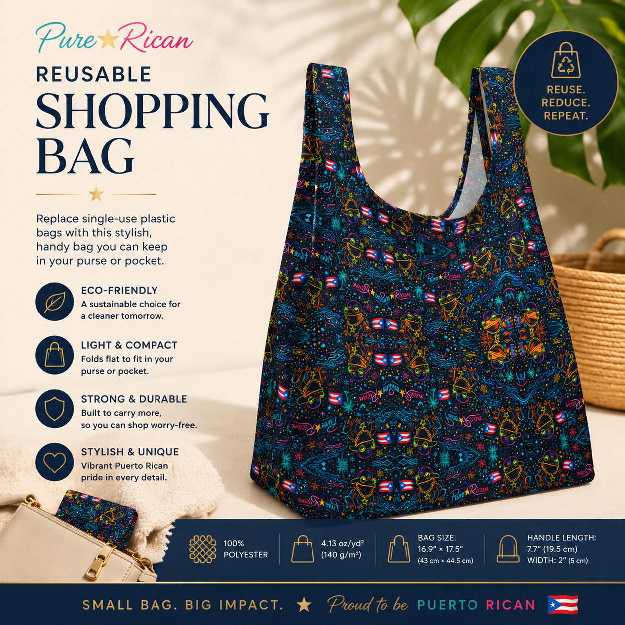 Premium product display of the Pure⭐️Rican Sapo Galaxy Midnight reusable shopping bag featuring eco-friendly details, Puerto Rican inspired design, and foldable everyday carry functionality.