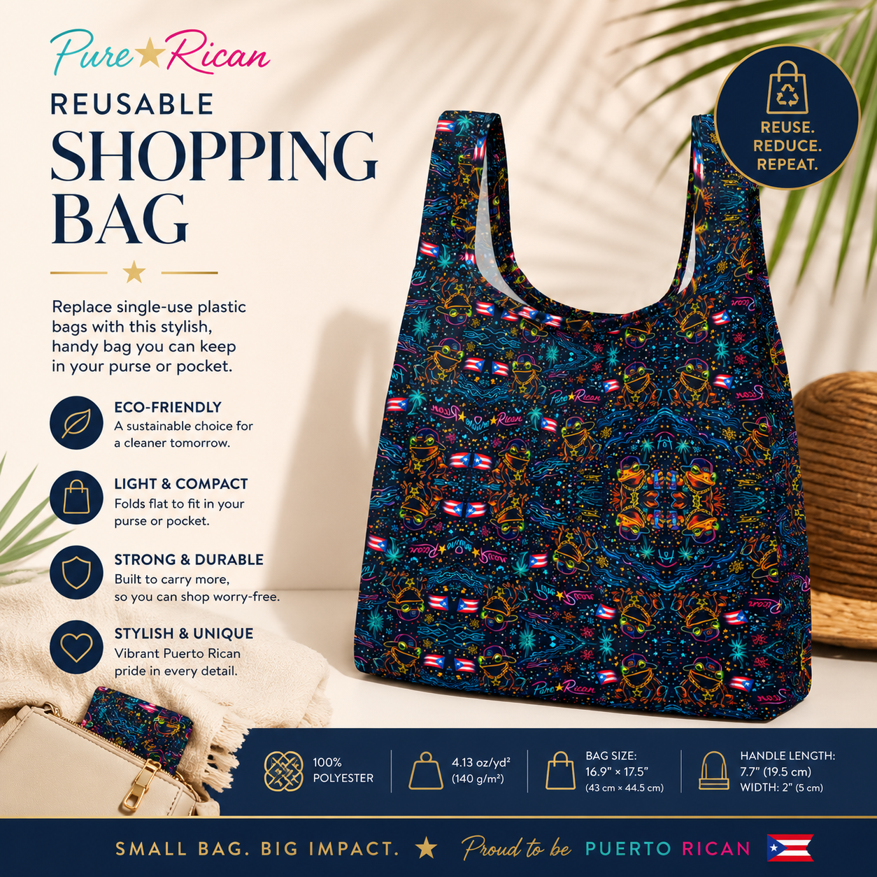 Right angle product view of the Pure⭐️Rican Sapo Galaxy Midnight reusable shopping bag featuring vibrant Puerto Rican inspired Sapo Galaxy artwork and durable built-in handles.