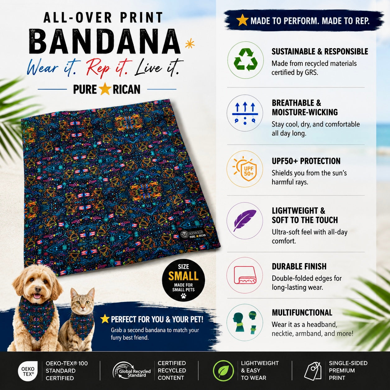 Pure⭐️Rican Sapo Galaxy Midnight small pet bandana featuring Puerto Rican flag details and colorful Sapo-inspired tropical galaxy pattern for small dogs.