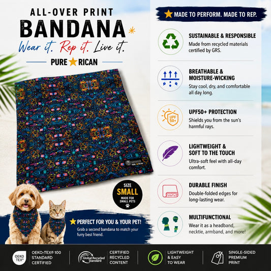 Pure⭐️Rican Sapo Galaxy Midnight small pet bandana featuring Puerto Rican flag details and colorful Sapo-inspired tropical galaxy pattern for small dogs.