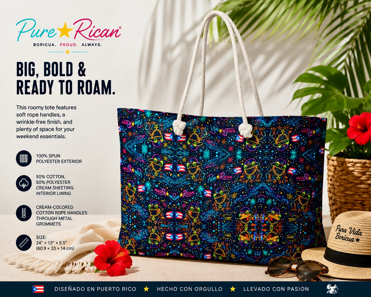 Angled side view of the Pure⭐️Rican Sapo Galaxy Midnight oversized tote bag with vibrant Puerto Rican inspired artwork and rope handles.