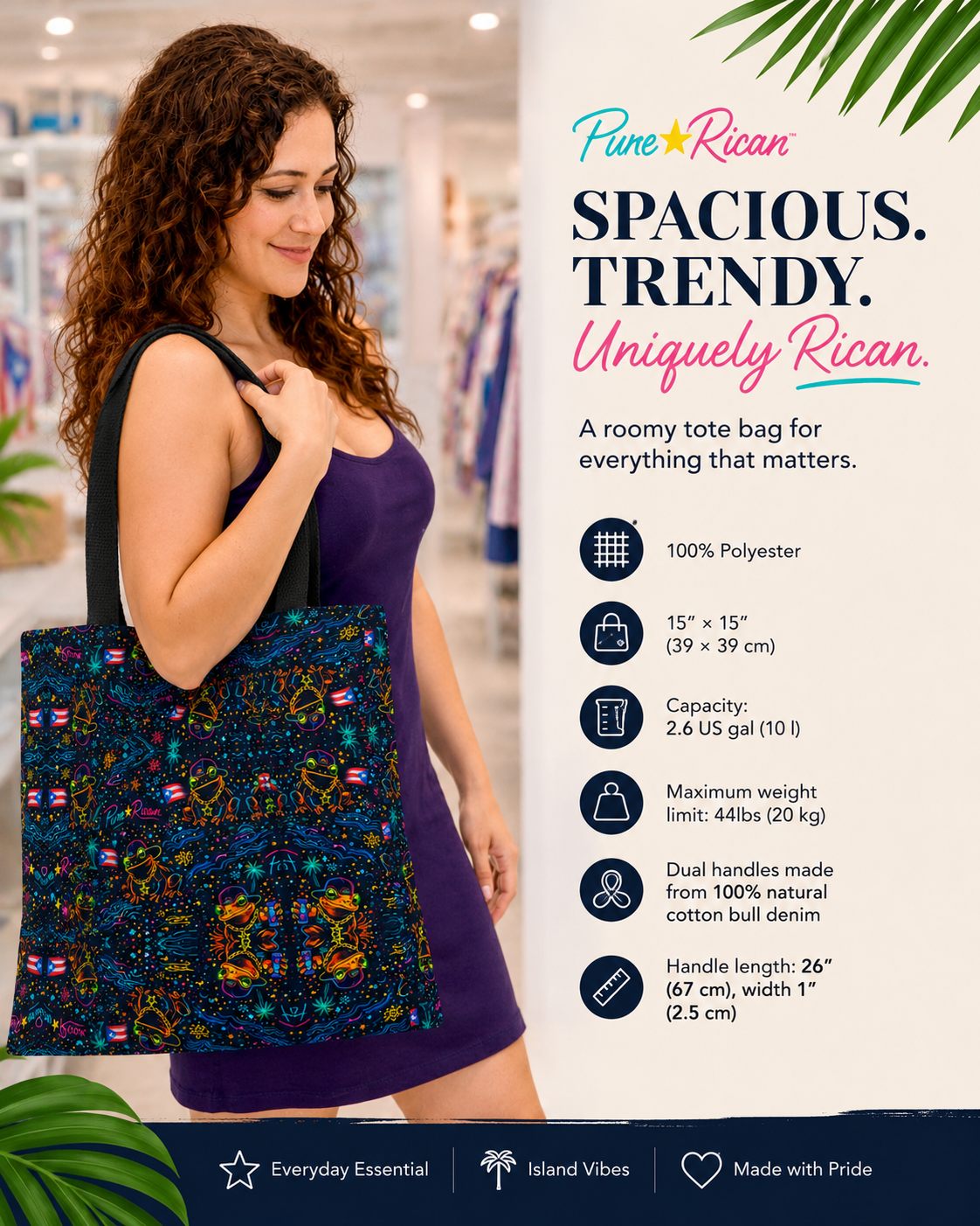 Woman modeling the Pure⭐️Rican Sapo Galaxy Midnight tote bag with black handles in a stylish boutique setting. Spacious Puerto Rican tote bag designed for shopping, travel, errands, and everyday essentials.