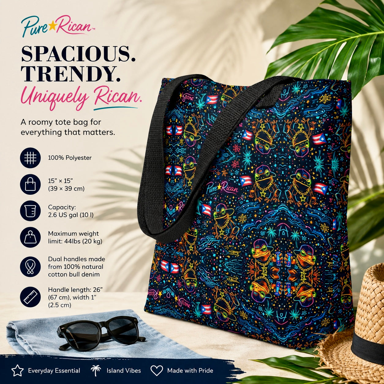 Pure⭐️Rican Sapo Galaxy Midnight tote bag with black cotton handles displayed in a premium tropical lifestyle setting featuring palm leaves, sunglasses, and beach-inspired accents. Spacious Puerto Rican everyday carry tote bag.