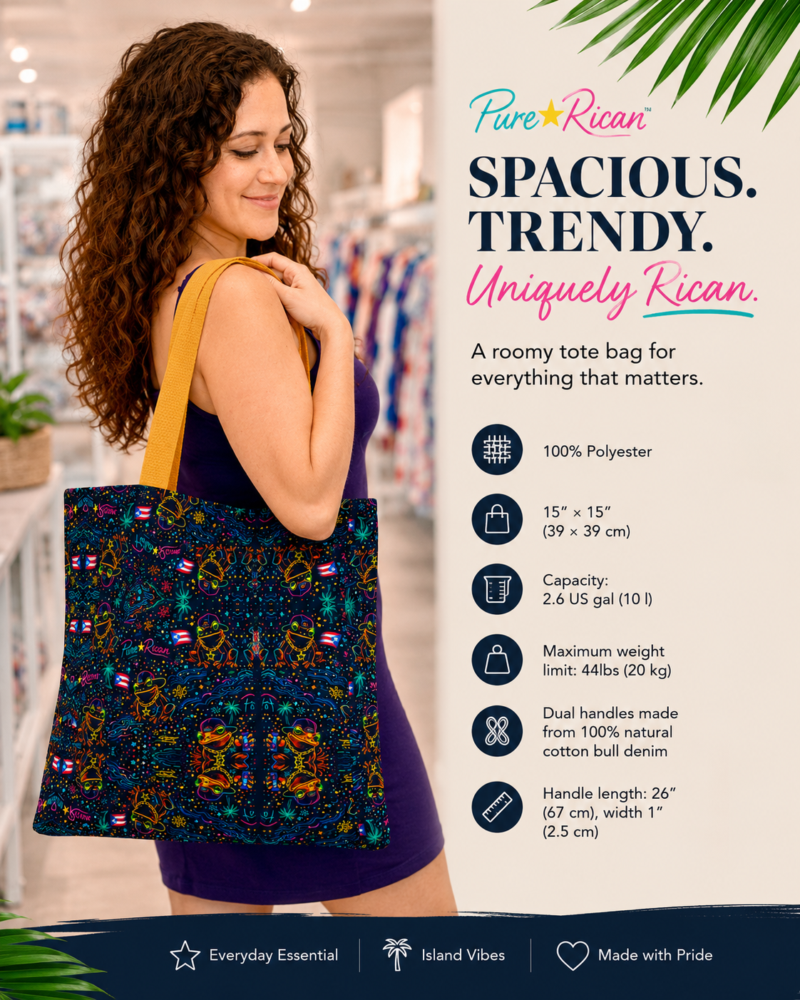 Woman modeling the Pure⭐️Rican Sapo Galaxy Midnight tote bag with gold handles in a premium boutique lifestyle setting. Stylish Puerto Rican tote bag perfect for shopping, travel, beach days, and everyday essentials.