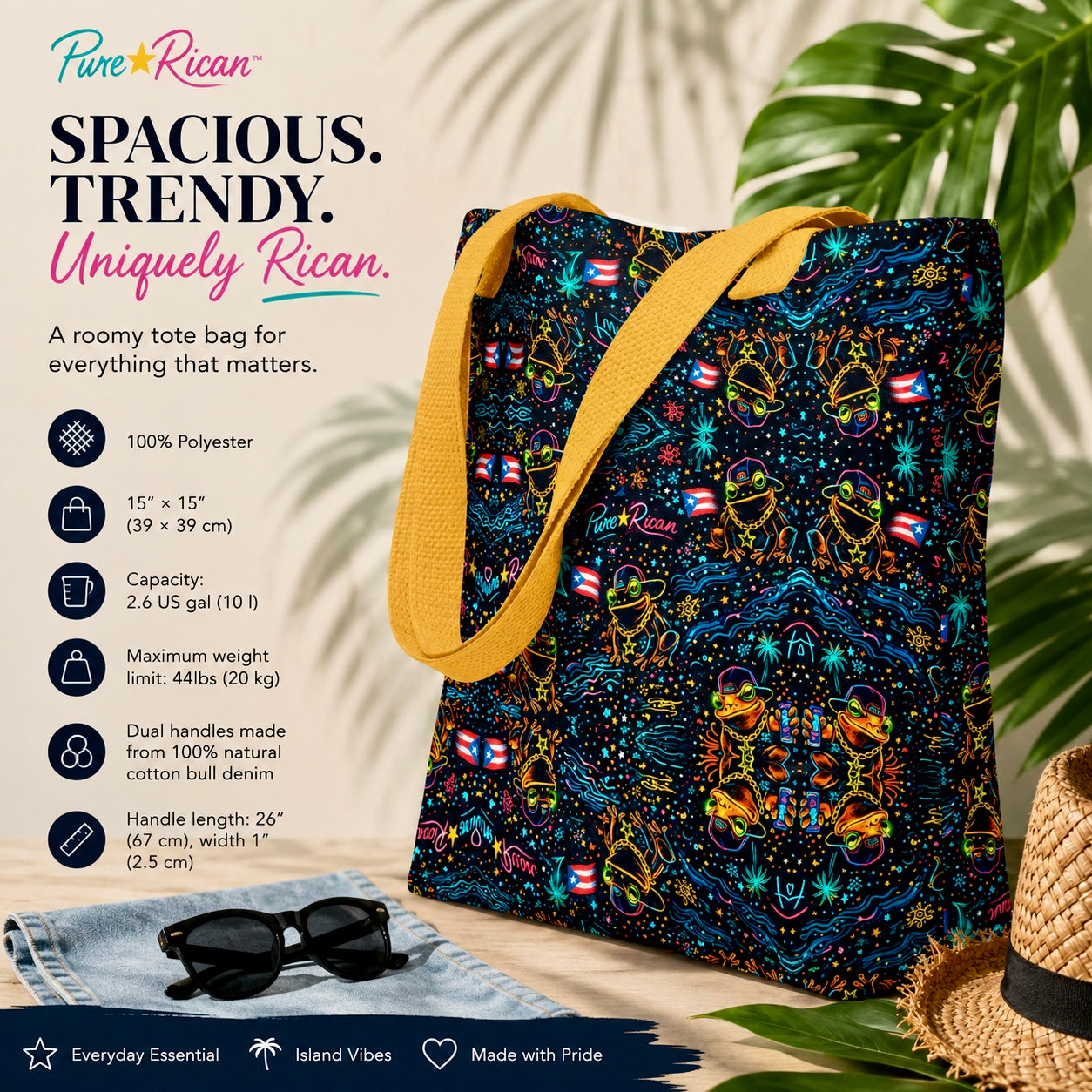 Pure⭐️Rican Sapo Galaxy Midnight tote bag with gold cotton handles displayed in a premium tropical lifestyle background featuring beach accessories and tropical greenery. Puerto Rican tote bag for everyday carry and travel.