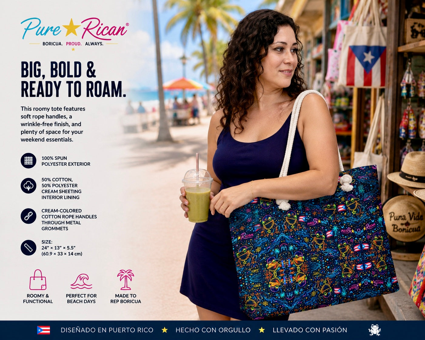 Model wearing and carrying the Pure⭐️Rican Sapo Galaxy Midnight oversized tote bag during a sunny beach shopping day.
