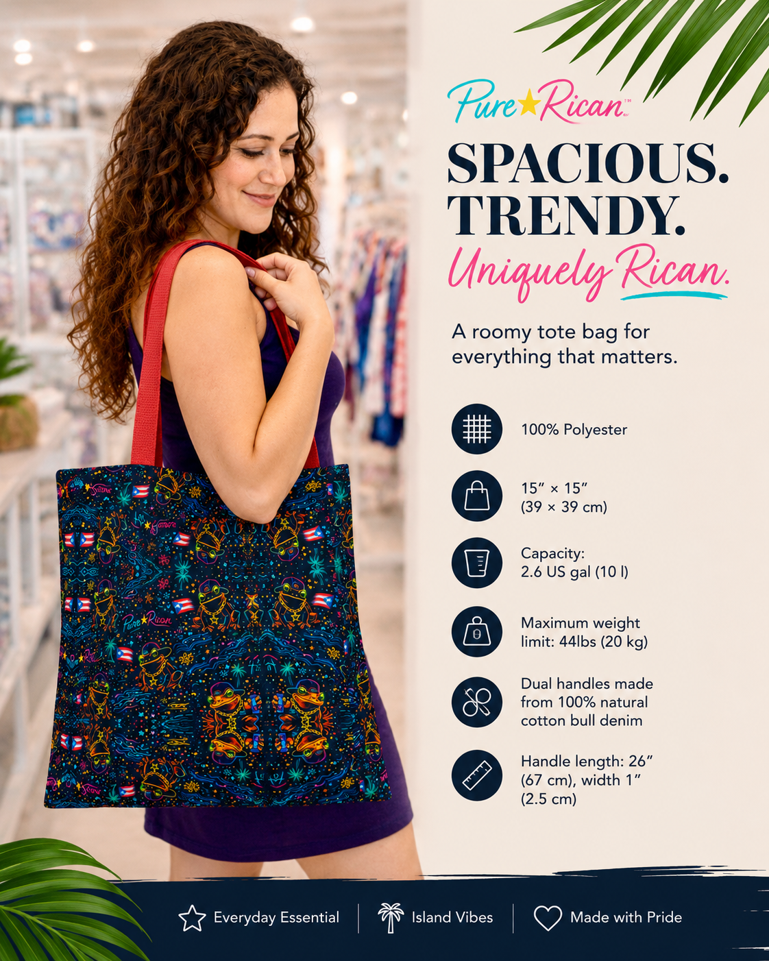 Lifestyle image of a woman wearing the Pure⭐️Rican Sapo Galaxy Midnight tote bag with red handles over the shoulder in a boutique-inspired setting. Spacious Puerto Rican tote bag for everyday carry and island-inspired style.